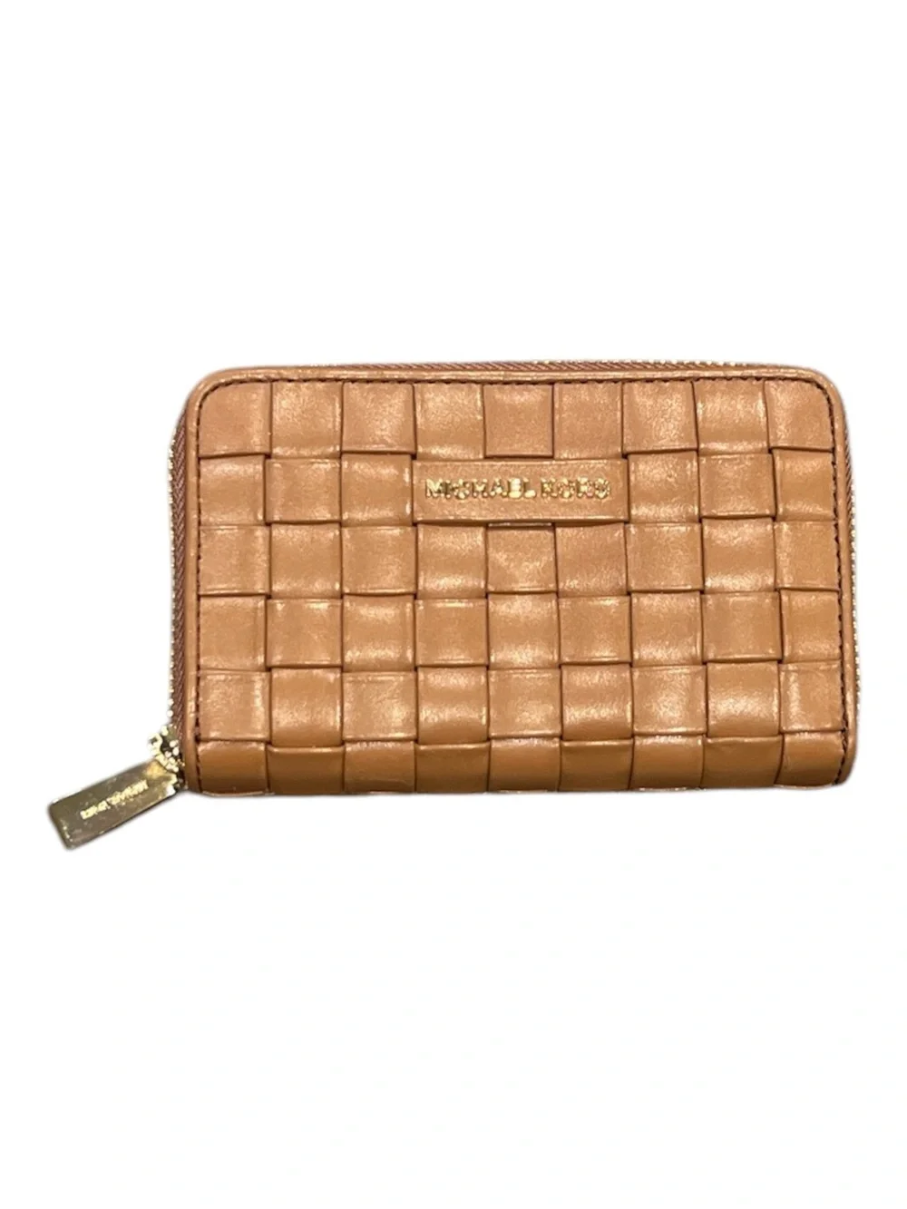 Michael Kors Woven Leather Zip Around Card Wallet Brown Gold